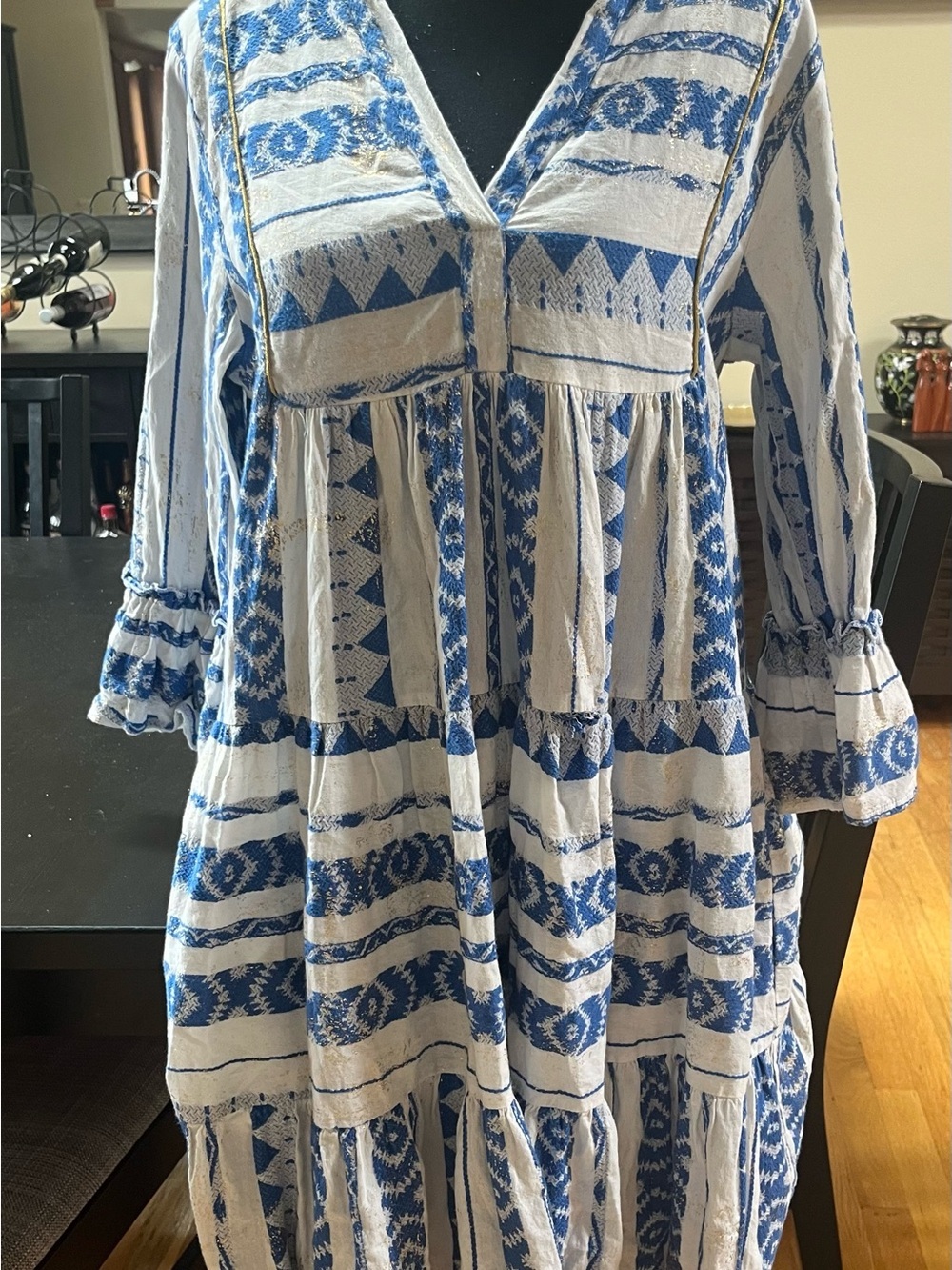 Boho boutique 9 Blue and White Printed Tiered Midi Dress